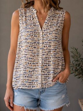 APNY Eyeglass Print Sleeveless Button Front Blouse – Size M